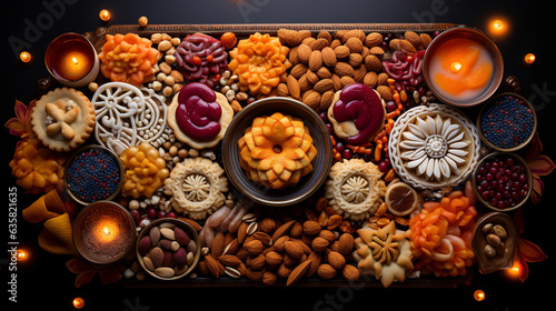 Diwali sweets arranged in an artistic pattern, showcasing the indulgence in festive culinary delights, Diwali, Diwali Background Generative AI