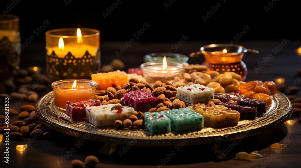 Exquisite Indian sweets laid out on a traditional platter, reflecting the indulgence in festive flavors during Diwali, Diwali, Diwali Background Generative AI