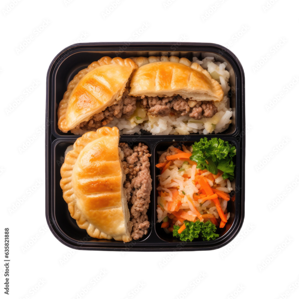 Mini meat pies in a lunchbox top view isolated on transparent background. Generative AI