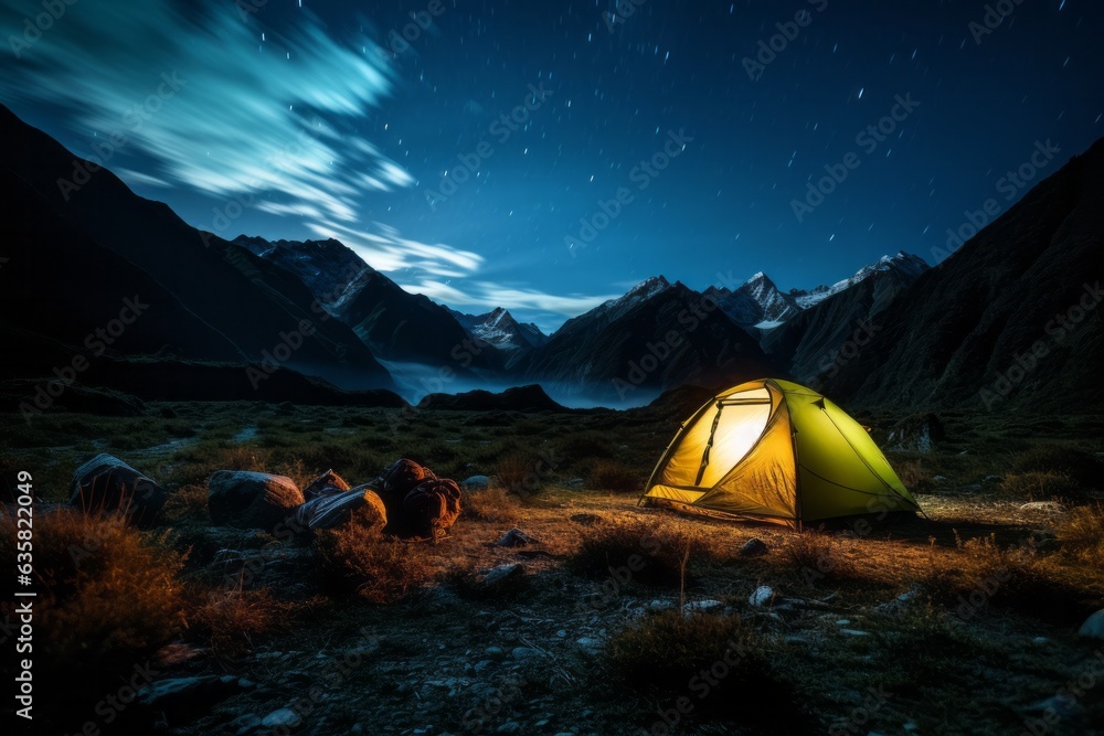 A tent glows under a night sky full of stars. Outdoor adventure, nature landscape