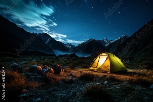 A tent glows under a night sky full of stars. Outdoor adventure, nature landscape © Denis