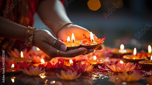 A close-up of hands lighting a diya during the Lakshmi Puja, symbolizing the illumination of hearts and homes, Diwali Generative AI
