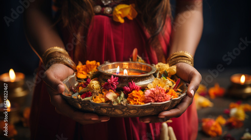 Hands holding a traditional puja thali adorned with essentials for the Lakshmi Puja, such as incense and flowers, Diwali Generative AI