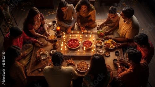 An overhead view of a family in prayer, their heads bowed in reverence during the Lakshmi Puja, Diwali Generative AI