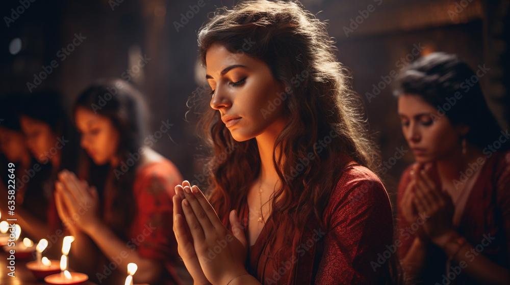 Hands folded in prayer, heads bowed, and eyes closed in a moment of deep reverence during the Lakshmi Puja, Diwali Generative AI