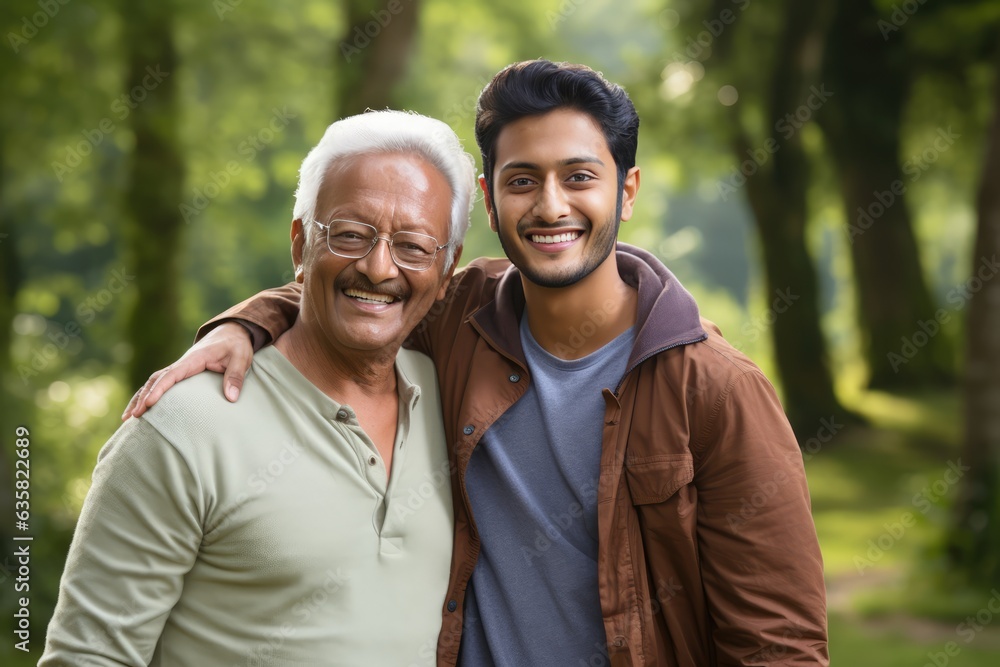 Fototapeta premium An older man and a younger man pose together for a photo in a park. A fictional character Created By Generated AI.