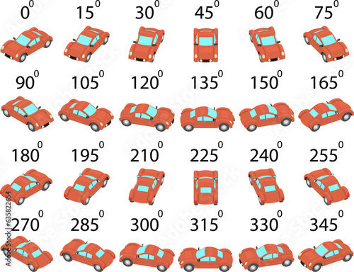 A set of 24 old racing car from different angles. Animation of the rotation of a retro sports car by 15 degrees.  