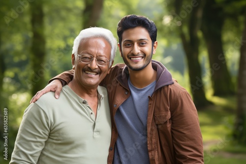 An older man and a younger man pose together for a photo in a park. A fictional character Created By Generated AI.