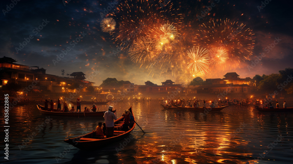 A scene of vibrant fireworks illuminating the night sky, symbolizing the celebration of Naraka Chaturdasi, Diwali, Naraka Chaturdasi Generative AI - obrazy, fototapety, plakaty 
