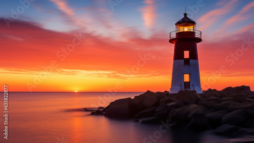 beautiful landscape of lighthouse at red sunset