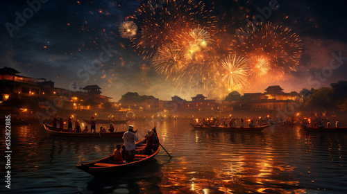 A scene of vibrant fireworks illuminating the night sky, symbolizing the celebration of Naraka Chaturdasi, Diwali, Naraka Chaturdasi Generative AI
