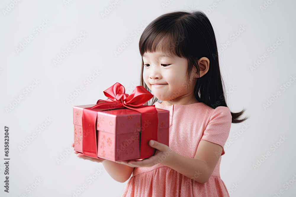 A little girl stands with a gift box in her hands. Generated Ai A little girl stands with a gift box in her hands. Generated Ai