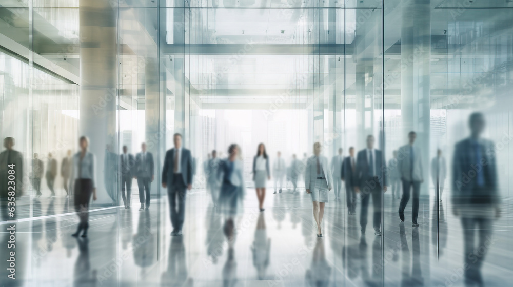 Blurred business people in white glass office background