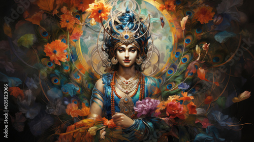 A vibrant representation of Lord Krishna adorned with peacock feathers, holding his iconic discus, signifying his role in Narakasura's defeat, Diwali, Naraka Chaturdasi Generative AI