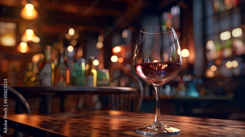 wine glass on wooden table on the pub restaurant background copy space