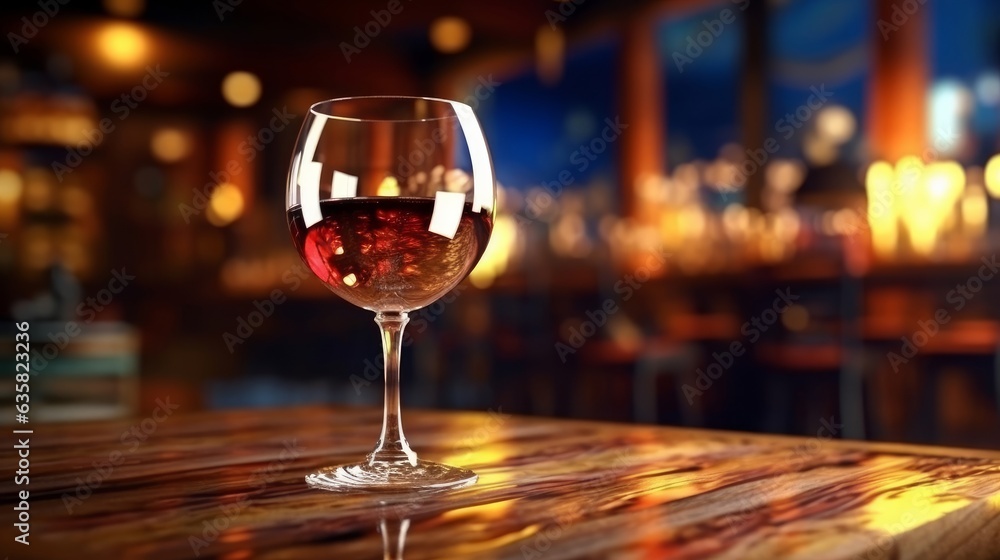 Glass of red wine on a wooden table in a pub or restaurant Glass of red wine on a wooden table in a pub or restaurant