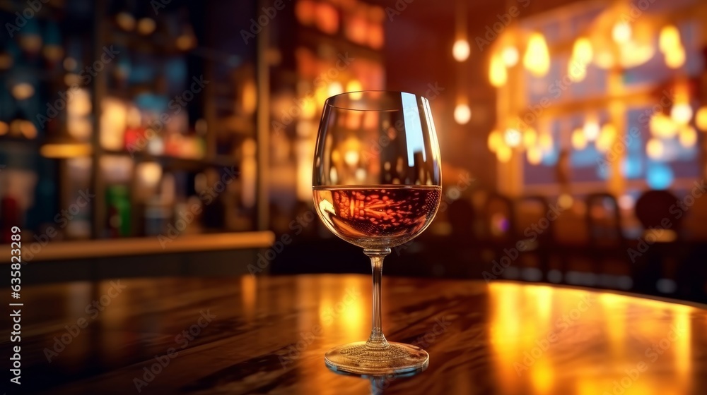 Glass of red wine on wooden table in bar. Blurred background