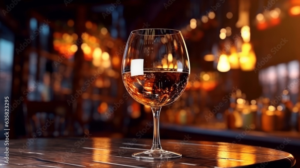 wine glass on wooden table on the pub restaurant background copy space wine glass on wooden table on the pub restaurant background copy space