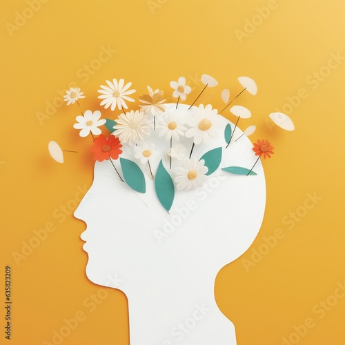 Paper cut human head with flowers on orange background. Minimal concept. World Mental Health Day concept.