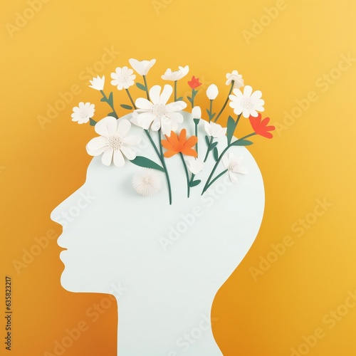 Paper cut human head with flowers on orange background. Minimal concept. World Mental Health Day concept. © Ipek Morel