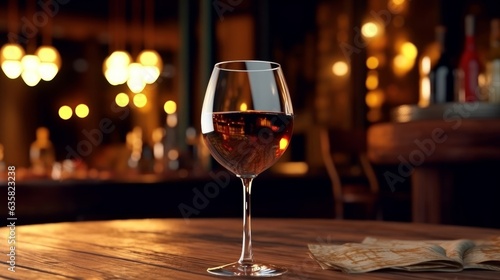 Glass of red wine on wooden table in bar, closeup. Space for text