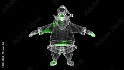 3D Santa Claus scanning on black bg. Merry christmas and happy new year concept. For title, text, presentation. 3D animation .