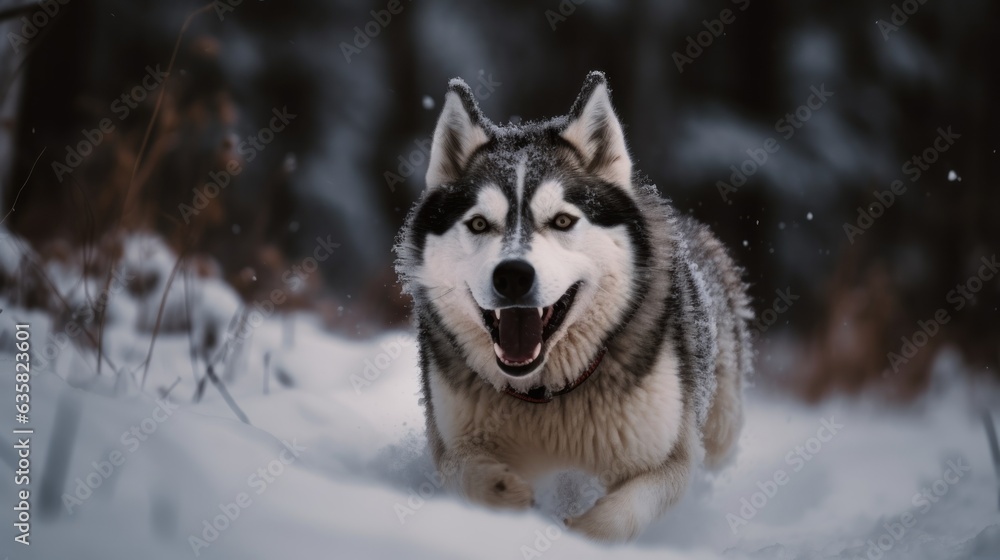 Siberian husky dog in winter forest. Beautiful portrait of Siberian husky dog.