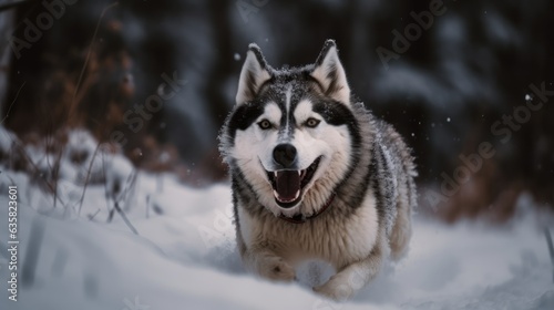 Siberian husky dog in winter forest. Beautiful portrait of Siberian husky dog. © John Martin