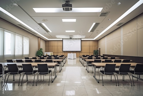 A professional and well-equipped conference seminar room featuring a microphone as its focal point.