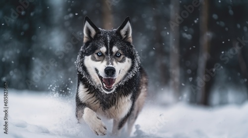 Siberian husky dog in winter forest. Beautiful portrait of Siberian husky dog.