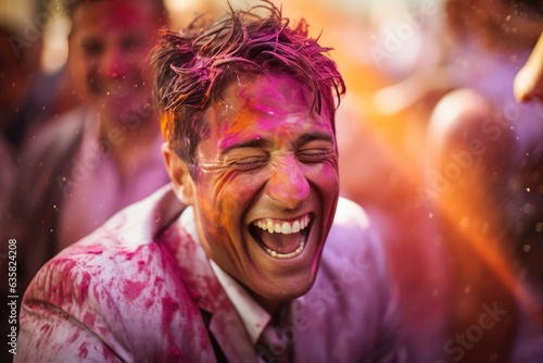 Laughing man covered in colorful powder. A fictional character Created By Generated AI.