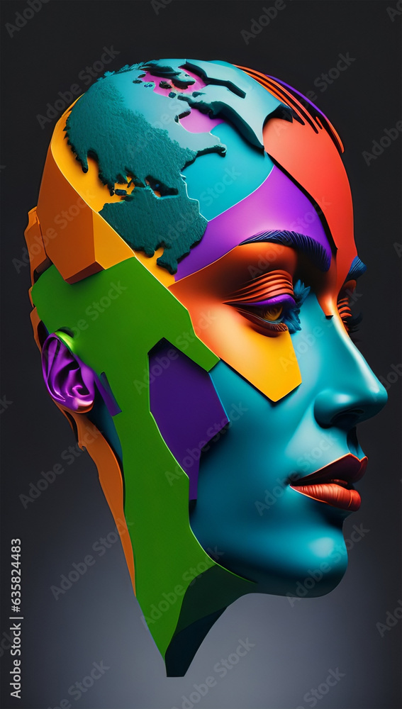 Woman face made of continents and lgbt colors concept. Freedom and gender equality. Homosexual love, gay love and lesbians. Freedom to love. Free relationships between people. AI generative. Woman face made of continents and lgbt colors concept. Freedom and gender equality. Homosexual love, gay love and lesbians. Freedom to love. Free relationships between people. AI generative.