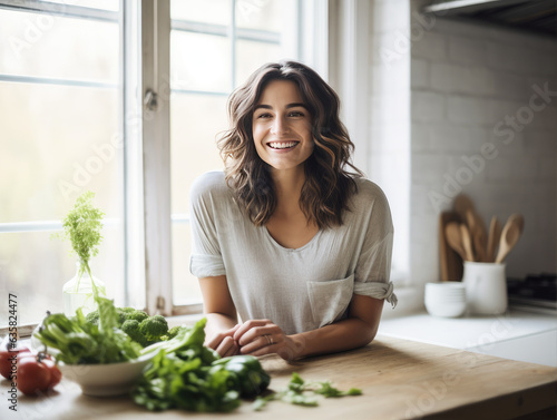 Happy healthy woman in the kitchen is preparing healthy food