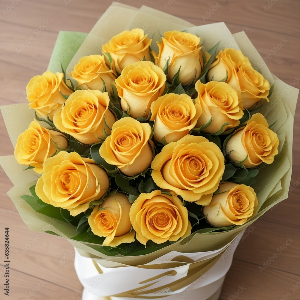Obraz premium Fresh yellow roses in the bouquet. Gifting Flowers and background. AI Generative