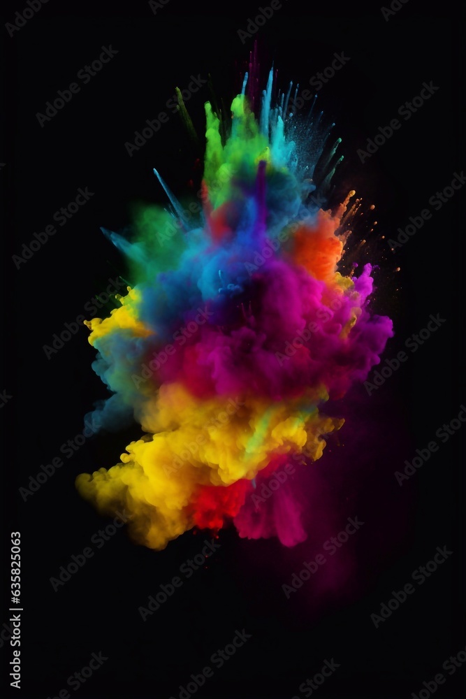 Launched colorful powder on black background. Generative AI.