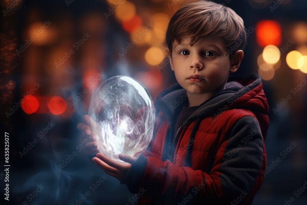 Naklejka premium A Young Boy Dazzles with a Magic Orb in His Hand. A fictional character Created By Generated AI.