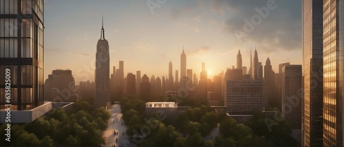 Wallpaper Mural Balcony view of a modern city with tall buildings, skyscrapers and a street with trees all around. Sunset on a Modern Megalopolis Cityscape Torontodigital.ca