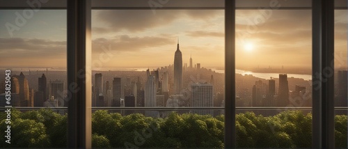 Futuristic cityscape with a tree line, beautiful view from an office room in a building, New-York future city idea with skyscrapers, blue sky and sunset