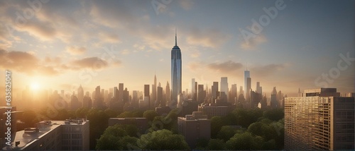 Wallpaper Mural Futuristic cityscape seen from afar, tall skyscraper towering above the rest of the city, New-York future city idea with skyscrapers and a blue sky with clouds Torontodigital.ca