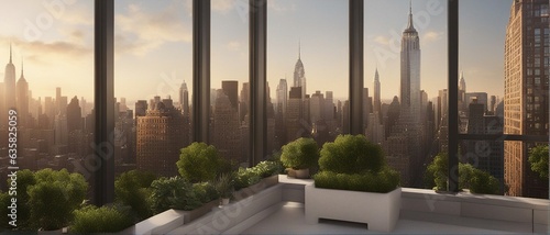 Wallpaper Mural Futuristic cityscape seen from an office room in a building with decorative bush, New-York future city idea with skyscrapers and a blue sky Torontodigital.ca