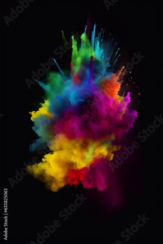 Launched colorful powder on black background. Generative AI.