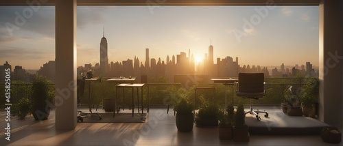 Wallpaper Mural Balcony view of sunset in a futuristic city and a square with dense trees, New-York future cityscape view from a coworking space room Torontodigital.ca