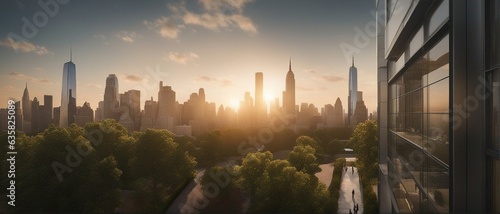 Wallpaper Mural Sunset in a futuristic city and a square with dense trees, New-York future cityscape idea Torontodigital.ca