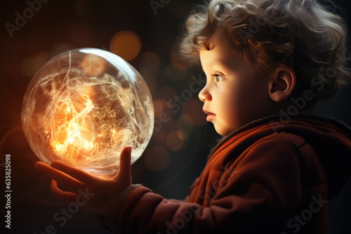 A Little Boy's Enchanting Moment with a Ball of Light. A fictional character Created By Generated AI.