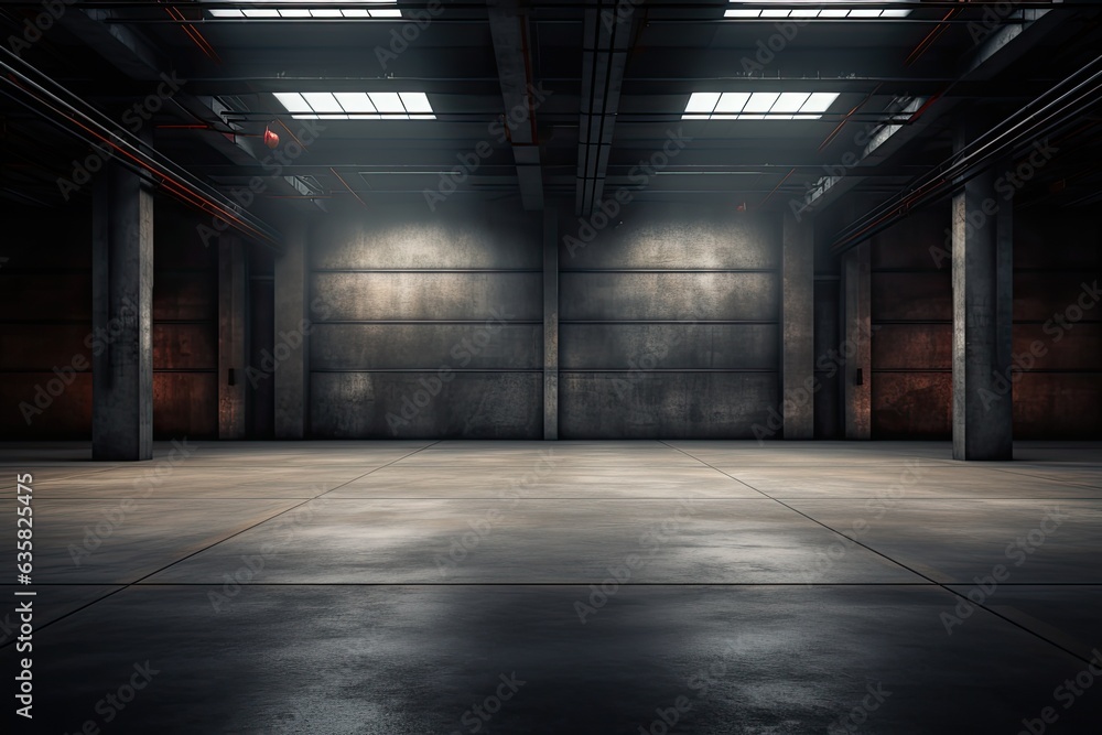 a modern, empty industrial interior with rough floor and indirect lighting.