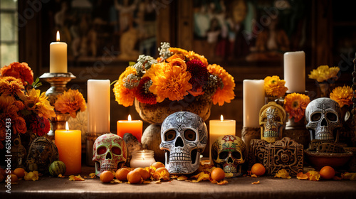 An elaborately decorated altar adorned with marigolds, candles, and sugar skulls, commemorating loved ones, Day of the Dead, Dia de Muertos Generative AI photo