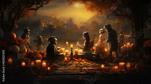 A family gathered around a grave, sharing stories and offering favorite foods of the departed, Day of the Dead, Dia de Muertos Generative AI