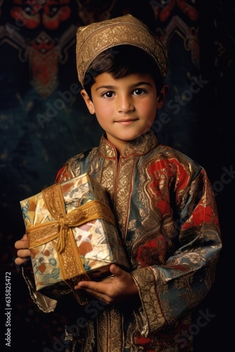 A young boy in a traditional Middle Eastern outfit holds a gift box. A fictional character Created By Generated AI.