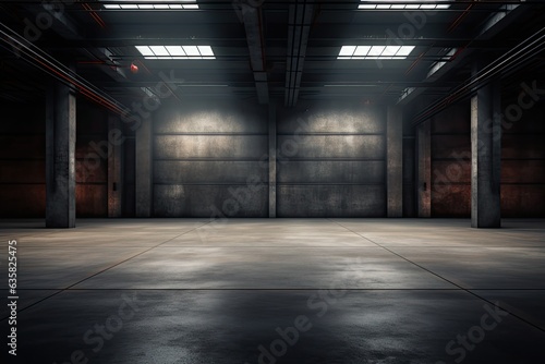 a modern, empty industrial interior with rough floor and indirect lighting.