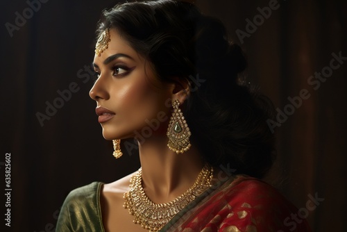 Portrait of a young female of Indian ethnicity wearing traditional bridal costumes and jewellery.